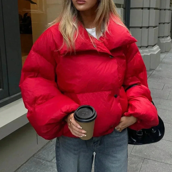Red Casual Women's Big Lapel Padded Jacket - Picture 7 of 9
